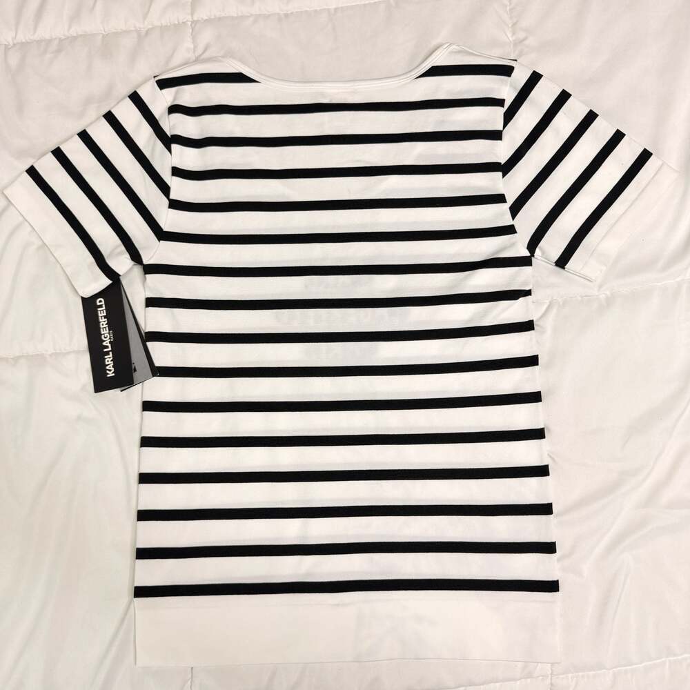 Karl Lagerfeld Paris Striped Logo Top NWT Size L Black White Knit Tee - Picture 2 of 7